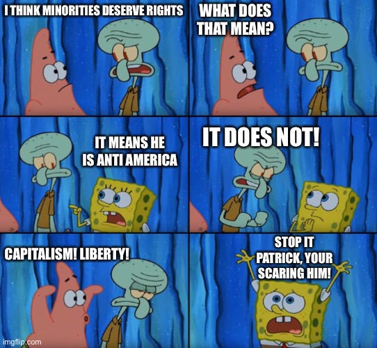 This stream in a nutshell | WHAT DOES THAT MEAN? I THINK MINORITIES DESERVE RIGHTS; IT MEANS HE IS ANTI AMERICA; IT DOES NOT! STOP IT PATRICK, YOUR SCARING HIM! CAPITALISM! LIBERTY! | image tagged in stop it patrick you're scaring him correct text boxes | made w/ Imgflip meme maker