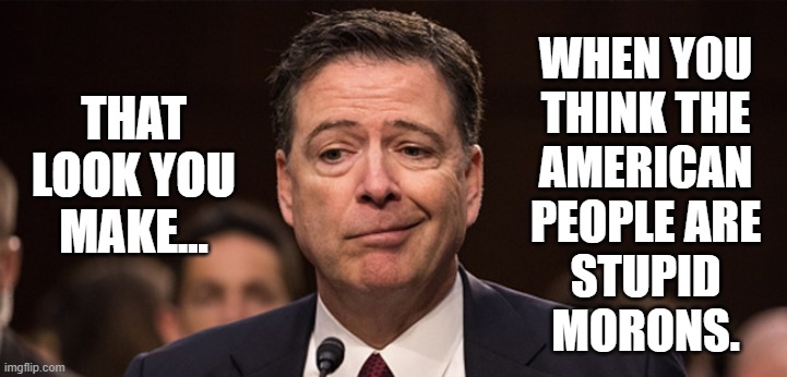 The face of treason. | WHEN YOU
THINK THE
AMERICAN
PEOPLE ARE
STUPID
MORONS. THAT
LOOK YOU
MAKE... | image tagged in james comey,memes | made w/ Imgflip meme maker