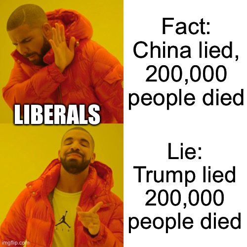 Drake Hotline Bling | Fact: China lied, 200,000 people died; LIBERALS; Lie: Trump lied 200,000 people died | image tagged in memes,drake hotline bling,covid-19,coronavirus,democrats,liberal logic | made w/ Imgflip meme maker
