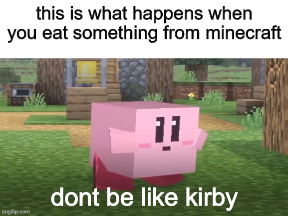 minecraft kirby | this is what happens when you eat something from minecraft; dont be like kirby | image tagged in kirby,super smash bros,minecraft | made w/ Imgflip meme maker
