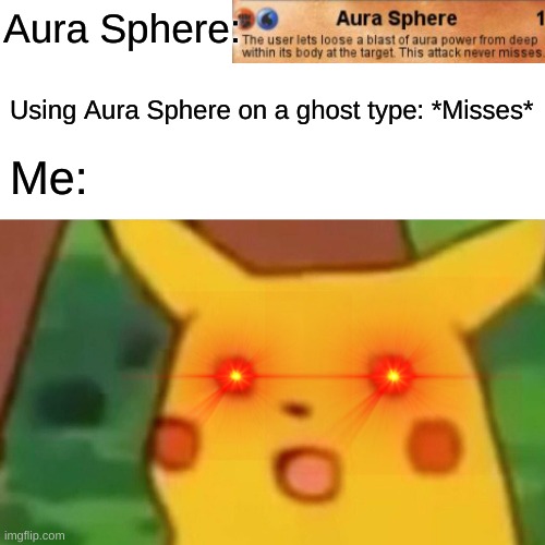 "AuRa SpHeRe NeVeR MiSsEs | Aura Sphere:; Using Aura Sphere on a ghost type: *Misses*; Me: | image tagged in memes,surprised pikachu | made w/ Imgflip meme maker