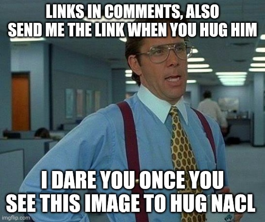 That Would Be Great Meme | LINKS IN COMMENTS, ALSO SEND ME THE LINK WHEN YOU HUG HIM; I DARE YOU ONCE YOU SEE THIS IMAGE TO HUG NACL | image tagged in memes,that would be great | made w/ Imgflip meme maker