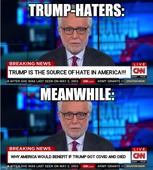 Trump-haters contradict themselves | TRUMP-HATERS:; TRUMP IS THE SOURCE OF HATE IN AMERICA!!! MEANWHILE:; WHY AMERICA WOULD BENEFIT IF TRUMP GOT COVID AND DIED | image tagged in cnn wolf of fake news fanfiction,memes,funny,politics,donald trump,haters gonna hate | made w/ Imgflip meme maker