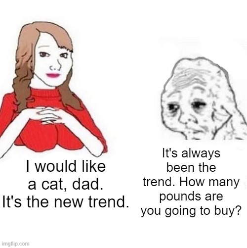 Um... | It's always been the trend. How many pounds are you going to buy? I would like a cat, dad. It's the new trend. | image tagged in yes honey | made w/ Imgflip meme maker