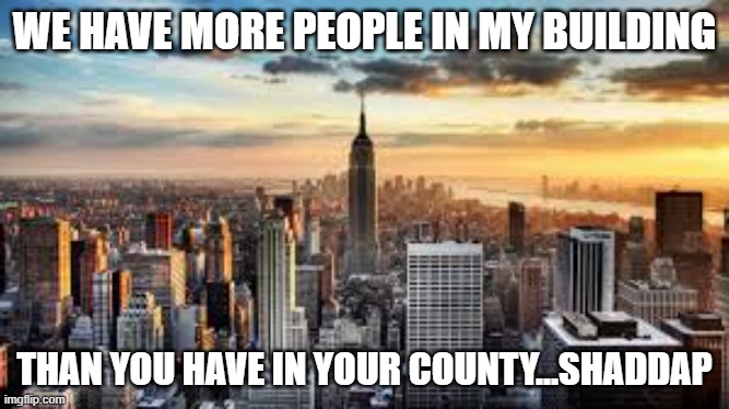 NYC | WE HAVE MORE PEOPLE IN MY BUILDING THAN YOU HAVE IN YOUR COUNTY...SHADDAP | image tagged in nyc | made w/ Imgflip meme maker