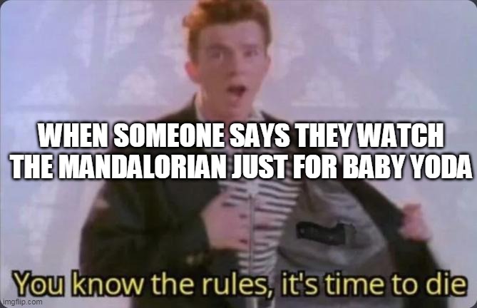 You know the rules, it's time to die | WHEN SOMEONE SAYS THEY WATCH THE MANDALORIAN JUST FOR BABY YODA | image tagged in you know the rules it's time to die | made w/ Imgflip meme maker