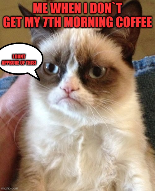 NO MORE COFFEE!!!!!!!!!! | ME WHEN I DON`T GET MY 7TH MORNING COFFEE; I DONT APPROVE OF THIS! | image tagged in memes,grumpy cat,funny memes,coffee addict | made w/ Imgflip meme maker