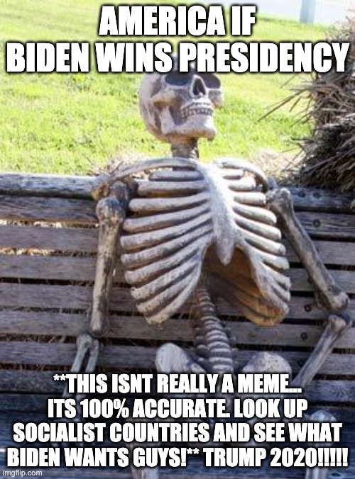 biden facts | AMERICA IF BIDEN WINS PRESIDENCY; **THIS ISNT REALLY A MEME... ITS 100% ACCURATE. LOOK UP SOCIALIST COUNTRIES AND SEE WHAT BIDEN WANTS GUYS!** TRUMP 2020!!!!! | image tagged in memes,waiting skeleton | made w/ Imgflip meme maker