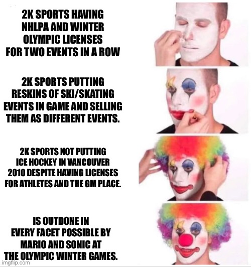 Clown Applying Makeup Meme | 2K SPORTS HAVING NHLPA AND WINTER OLYMPIC LICENSES FOR TWO EVENTS IN A ROW; 2K SPORTS PUTTING RESKINS OF SKI/SKATING EVENTS IN GAME AND SELLING THEM AS DIFFERENT EVENTS. 2K SPORTS NOT PUTTING ICE HOCKEY IN VANCOUVER 2010 DESPITE HAVING LICENSES FOR ATHLETES AND THE GM PLACE. IS OUTDONE IN EVERY FACET POSSIBLE BY MARIO AND SONIC AT THE OLYMPIC WINTER GAMES. | image tagged in clown applying makeup | made w/ Imgflip meme maker