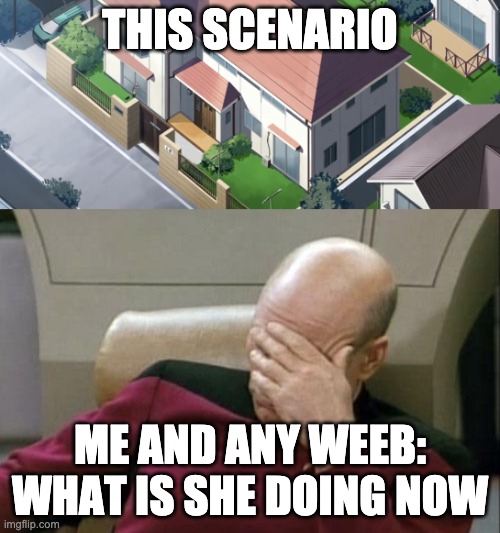 THIS SCENARIO; ME AND ANY WEEB:
WHAT IS SHE DOING NOW | image tagged in memes,captain picard facepalm | made w/ Imgflip meme maker