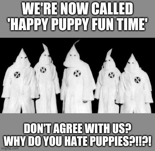 kkk | WE'RE NOW CALLED 'HAPPY PUPPY FUN TIME' DON'T AGREE WITH US? WHY DO YOU HATE PUPPIES?!!?! | image tagged in kkk | made w/ Imgflip meme maker