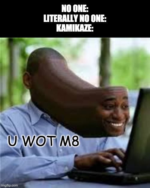 you what mate | NO ONE:
LITERALLY NO ONE:
KAMIKAZE: U WOT M8 | image tagged in u wot m8 | made w/ Imgflip meme maker