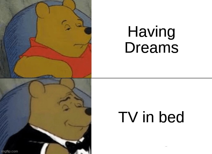 it is kinda true | Having Dreams; TV in bed | image tagged in memes,tuxedo winnie the pooh,dreams,tv,funny,tv in bed | made w/ Imgflip meme maker