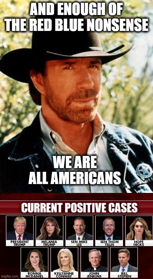 AND ENOUGH OF THE RED BLUE NONSENSE WE ARE ALL AMERICANS | image tagged in memes,chuck norris | made w/ Imgflip meme maker