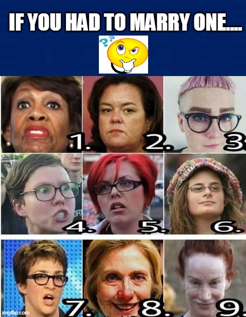 Most Attractive Leftist Contest | IF YOU HAD TO MARRY ONE.... | image tagged in politics,political meme,democratic socialism,sjw,feminist,lunatics | made w/ Imgflip meme maker