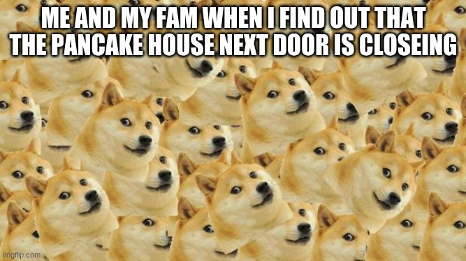 doge pancakes | ME AND MY FAM WHEN I FIND OUT THAT THE PANCAKE HOUSE NEXT DOOR IS CLOSEING | image tagged in memes,multi doge,pancakes | made w/ Imgflip meme maker