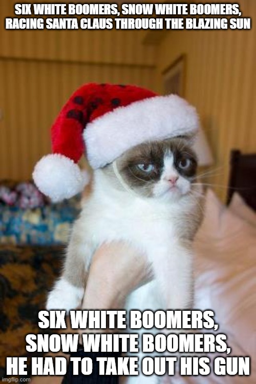 Grumpy Cat Christmas Meme | SIX WHITE BOOMERS, SNOW WHITE BOOMERS, RACING SANTA CLAUS THROUGH THE BLAZING SUN; SIX WHITE BOOMERS, SNOW WHITE BOOMERS, HE HAD TO TAKE OUT HIS GUN | image tagged in memes,grumpy cat christmas,grumpy cat,meme,christmas,cats | made w/ Imgflip meme maker