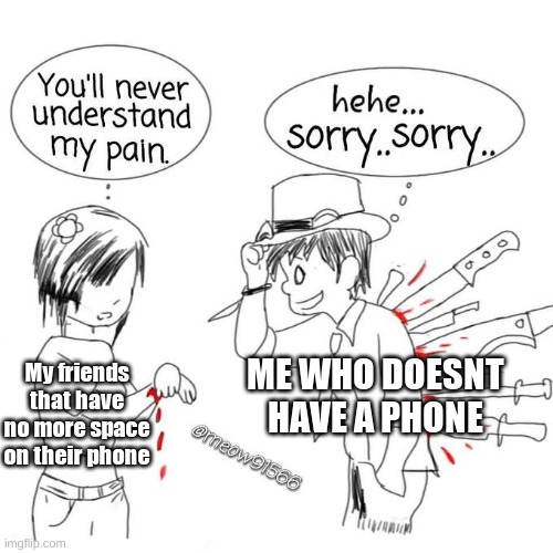 You'll never understand my pain | ME WHO DOESNT HAVE A PHONE; My friends that have no more space on their phone | image tagged in you'll never understand my pain | made w/ Imgflip meme maker