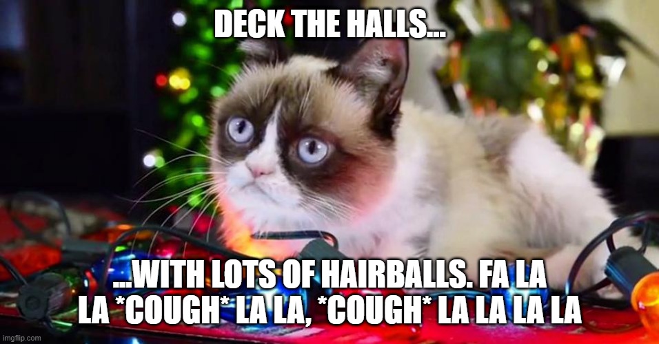 Grumpy Cat Christmas Lights | DECK THE HALLS... ...WITH LOTS OF HAIRBALLS. FA LA LA *COUGH* LA LA, *COUGH* LA LA LA LA | image tagged in grumpy cat christmas lights,memes,grumpy cat,cats,funny,grumpy cat not amused | made w/ Imgflip meme maker