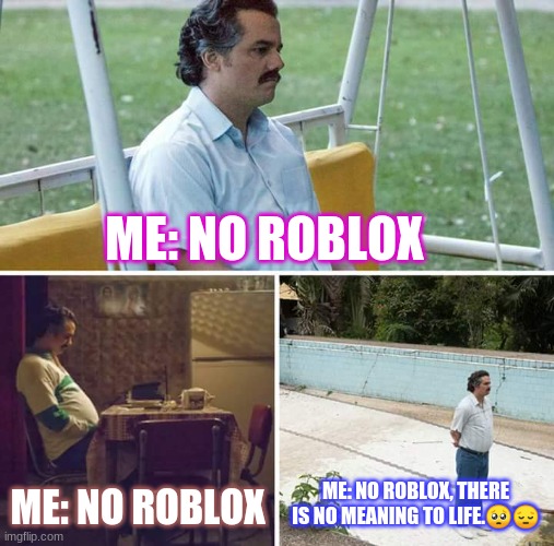 Me without roblox | ME: NO ROBLOX; ME: NO ROBLOX; ME: NO ROBLOX, THERE IS NO MEANING TO LIFE.🥺😔 | image tagged in memes,sad pablo escobar | made w/ Imgflip meme maker