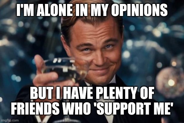 Leonardo Dicaprio Cheers | I'M ALONE IN MY OPINIONS; BUT I HAVE PLENTY OF FRIENDS WHO 'SUPPORT ME' | image tagged in memes,leonardo dicaprio cheers | made w/ Imgflip meme maker