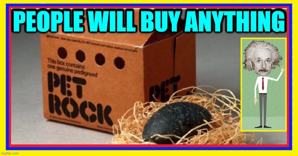 Proof Positive |  PEOPLE WILL BUY ANYTHING | image tagged in vince vance,pet rock,albert einstein,memes,sales,gimmick | made w/ Imgflip meme maker