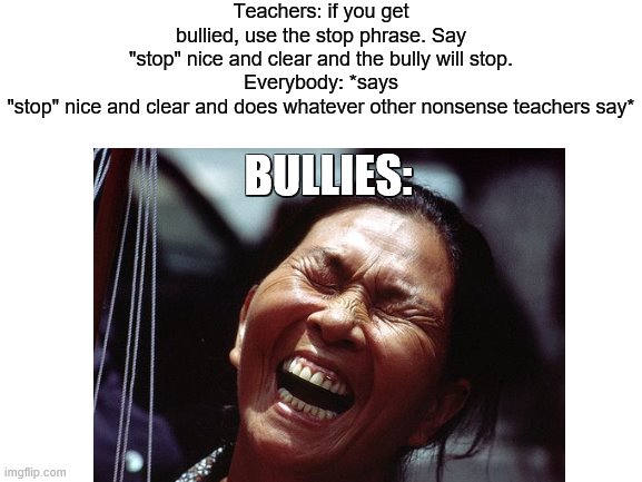Can anyone relate? | Teachers: if you get bullied, use the stop phrase. Say "stop" nice and clear and the bully will stop.
Everybody: *says "stop" nice and clear and does whatever other nonsense teachers say*; BULLIES: | image tagged in bullying | made w/ Imgflip meme maker