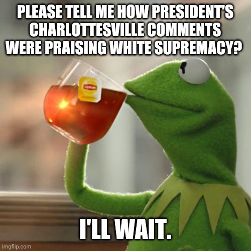 But That's None Of My Business Meme | PLEASE TELL ME HOW PRESIDENT'S CHARLOTTESVILLE COMMENTS WERE PRAISING WHITE SUPREMACY? I'LL WAIT. | image tagged in memes,but that's none of my business,kermit the frog | made w/ Imgflip meme maker