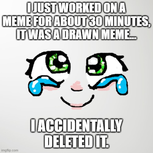 *Cries in weeb* | I JUST WORKED ON A MEME FOR ABOUT 30 MINUTES, IT WAS A DRAWN MEME... I ACCIDENTALLY DELETED IT. | image tagged in sad,dissapointed,not happy | made w/ Imgflip meme maker