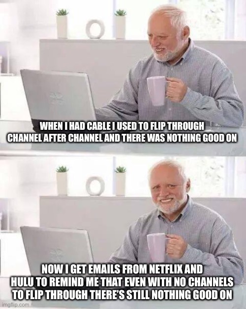 Hide the Pain Harold Meme | WHEN I HAD CABLE I USED TO FLIP THROUGH CHANNEL AFTER CHANNEL AND THERE WAS NOTHING GOOD ON; NOW I GET EMAILS FROM NETFLIX AND HULU TO REMIND ME THAT EVEN WITH NO CHANNELS TO FLIP THROUGH THERE’S STILL NOTHING GOOD ON | image tagged in memes,hide the pain harold,new normal,netflix,hulu,streaming | made w/ Imgflip meme maker