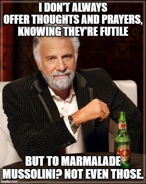 Lysol smoothie will cure our ills. Bet on it. | I DON'T ALWAYS OFFER THOUGHTS AND PRAYERS, KNOWING THEY'RE FUTILE; BUT TO MARMALADE MUSSOLINI? NOT EVEN THOSE. | image tagged in memes,the most interesting man in the world | made w/ Imgflip meme maker