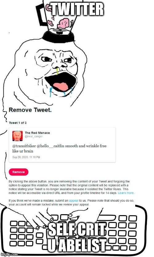 Twitter is a brainlet wobsite | TWITTER; SELF CRIT U ABELIST | image tagged in brainlet keyboard warrior | made w/ Imgflip meme maker