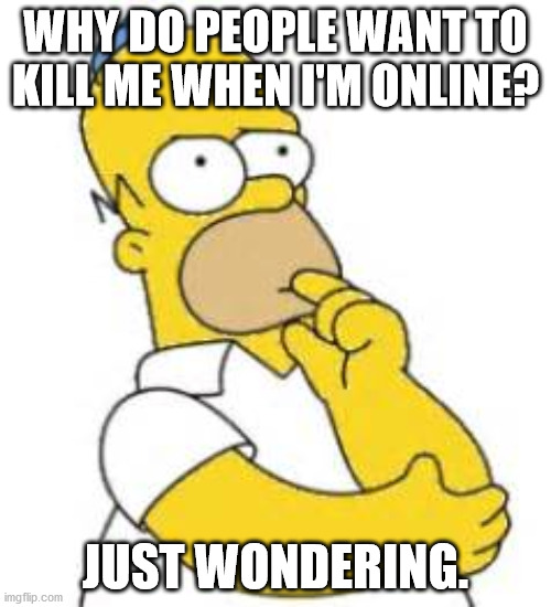 Homer Simpson Hmmmm | WHY DO PEOPLE WANT TO KILL ME WHEN I'M ONLINE? JUST WONDERING. | image tagged in homer simpson hmmmm | made w/ Imgflip meme maker