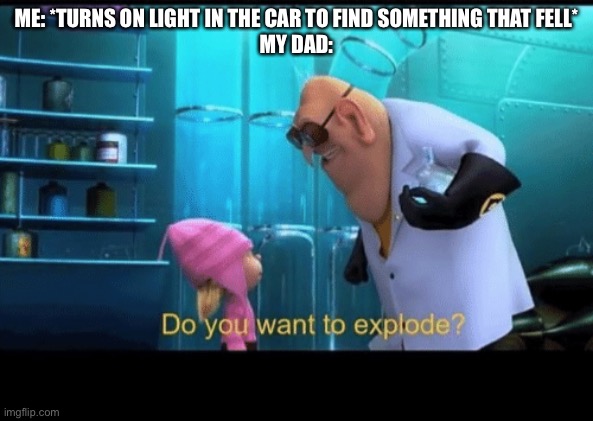 True that | ME: *TURNS ON LIGHT IN THE CAR TO FIND SOMETHING THAT FELL*
MY DAD: | image tagged in do you want to explode | made w/ Imgflip meme maker