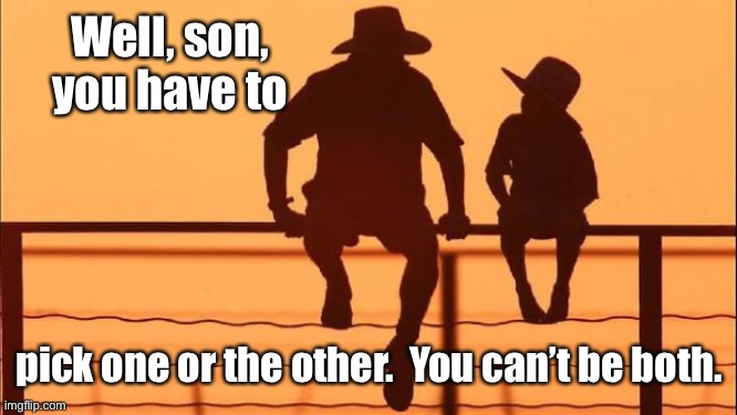 Cowboy father and son | Well, son, you have to pick one or the other.  You can’t be both. | image tagged in cowboy father and son | made w/ Imgflip meme maker