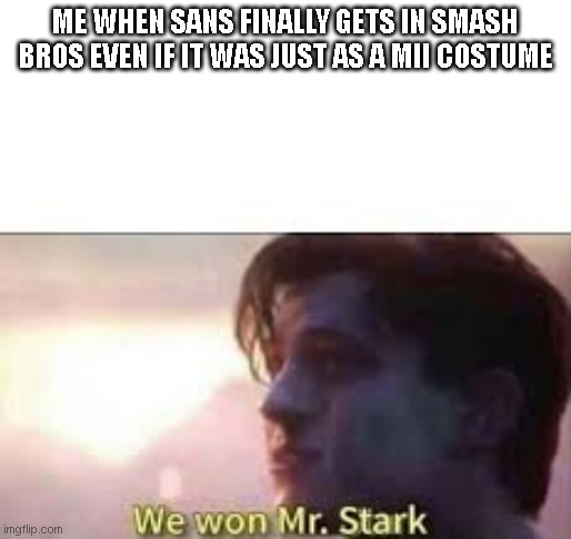 we won mr stark | ME WHEN SANS FINALLY GETS IN SMASH BROS EVEN IF IT WAS JUST AS A MII COSTUME | image tagged in we won mr stark,memes,undertale,super smash bros | made w/ Imgflip meme maker