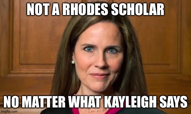 Kayleigh blew it | NOT A RHODES SCHOLAR; NO MATTER WHAT KAYLEIGH SAYS | image tagged in amy coney barrett | made w/ Imgflip meme maker