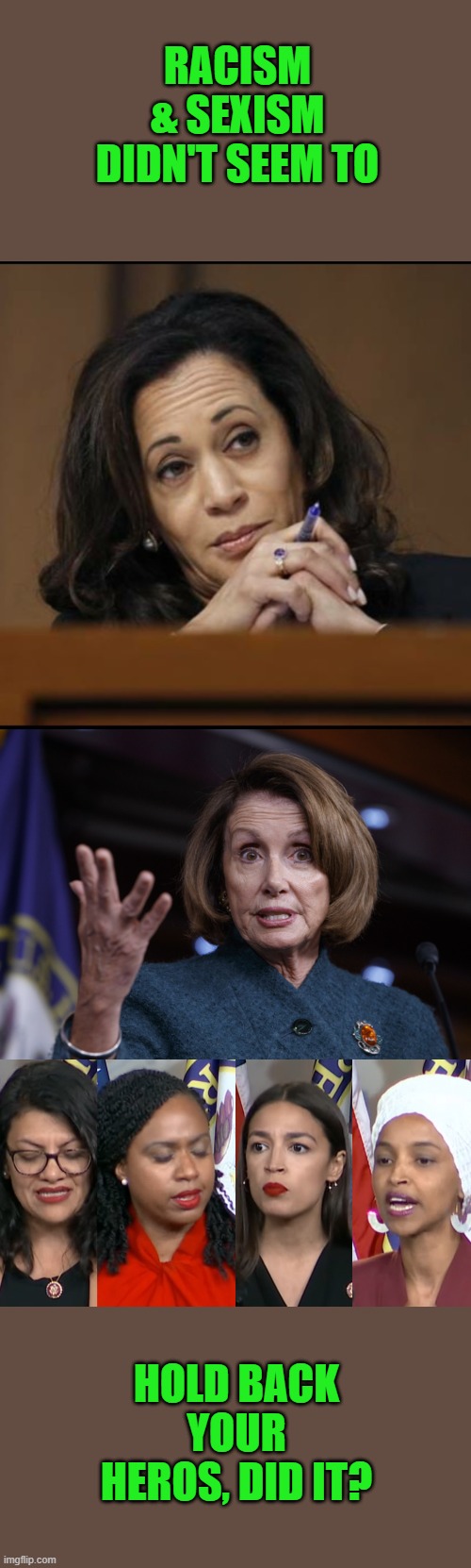 RACISM & SEXISM DIDN'T SEEM TO HOLD BACK YOUR HEROS, DID IT? | image tagged in good old nancy pelosi,kamala harris,aoc squad | made w/ Imgflip meme maker