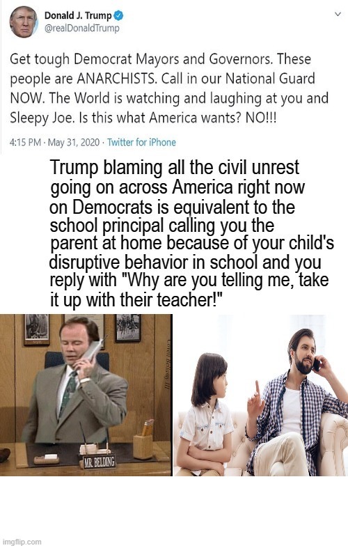 Trump Blaming Civil Unrest In America On Democrats Equivalency | image tagged in trump blaming civil unrest in america on democrats equivalency | made w/ Imgflip meme maker