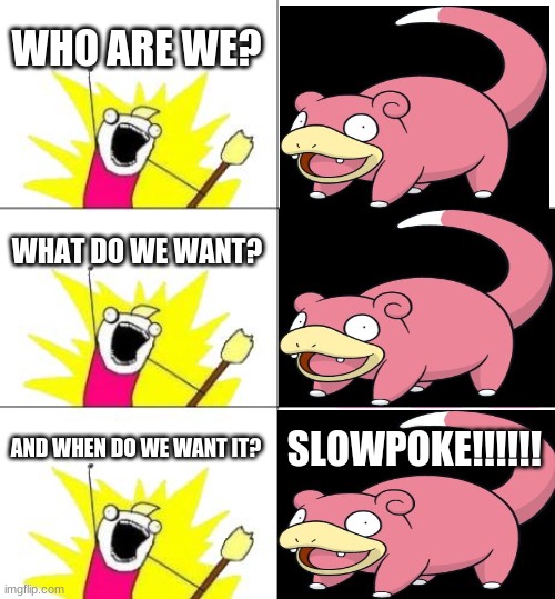 Slowpoke is one of the best pokemon | WHO ARE WE? WHAT DO WE WANT? AND WHEN DO WE WANT IT? SLOWPOKE!!!!!! | image tagged in memes,what do we want 3,slowpoke | made w/ Imgflip meme maker