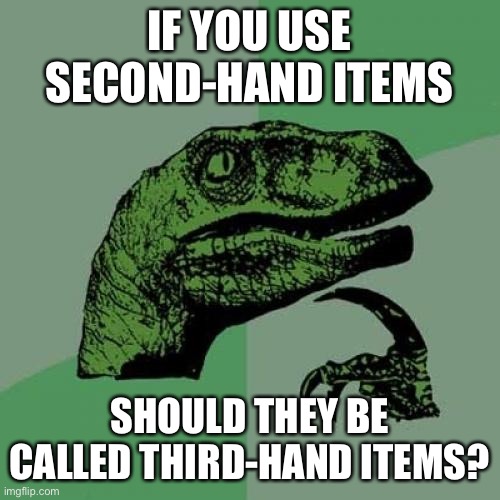 Philosoraptor | IF YOU USE SECOND-HAND ITEMS; SHOULD THEY BE CALLED THIRD-HAND ITEMS? | image tagged in memes,philosoraptor,funny memes,funny | made w/ Imgflip meme maker