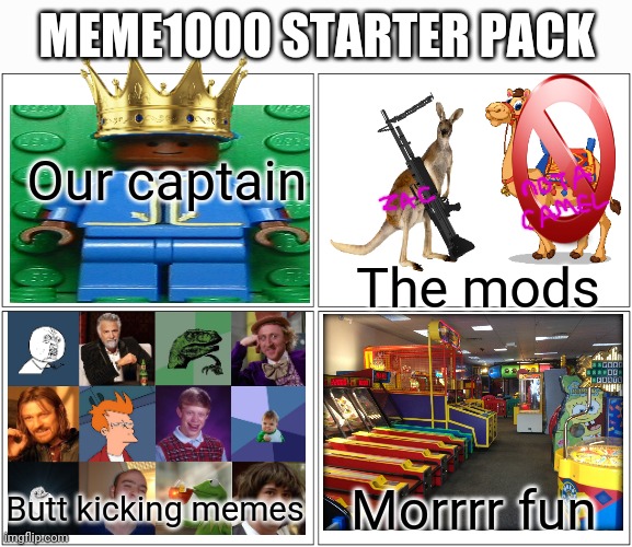 Meme 1000 | MEME1000 STARTER PACK; Our captain; The mods; Morrrr fun; Butt kicking memes | image tagged in memes,blank comic panel 2x2,collage,starter pack | made w/ Imgflip meme maker