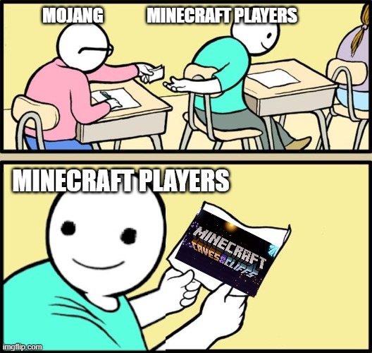 Minecraft Cave Update Is Announced!!! | MOJANG             MINECRAFT PLAYERS; MINECRAFT PLAYERS | image tagged in note passing | made w/ Imgflip meme maker