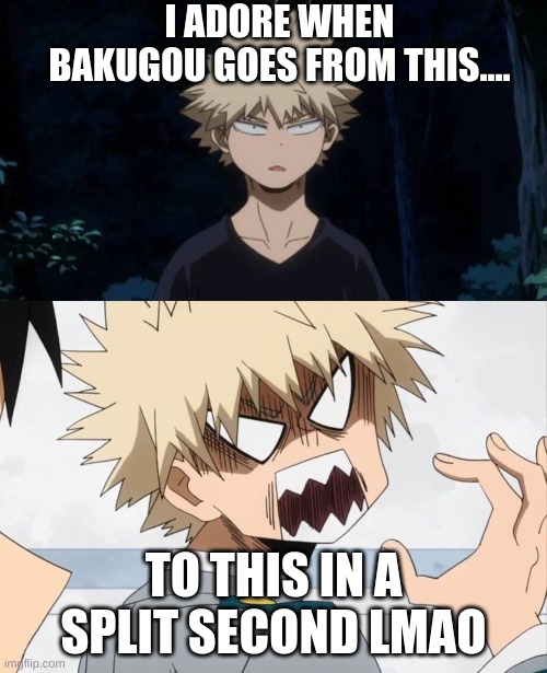 Bakugou | I ADORE WHEN BAKUGOU GOES FROM THIS.... TO THIS IN A SPLIT SECOND LMAO | image tagged in mha,memes | made w/ Imgflip meme maker