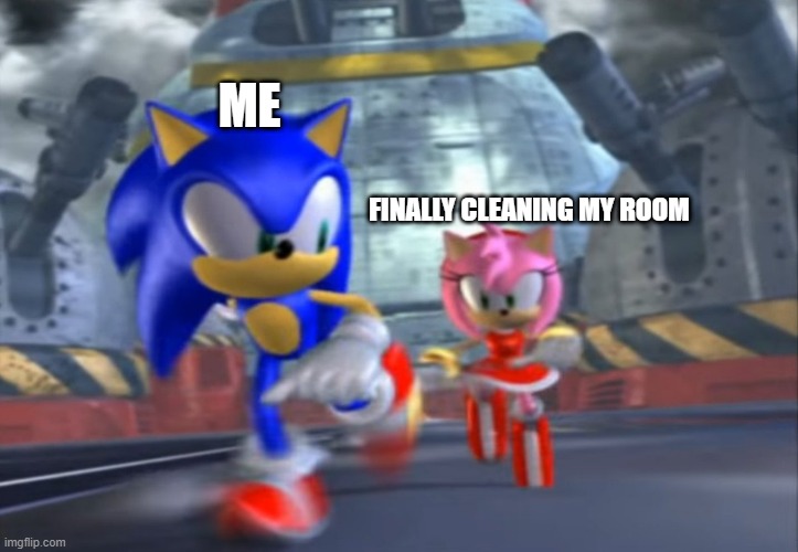 Amy Chasing Sonic | ME; FINALLY CLEANING MY ROOM | image tagged in amy chasing sonic | made w/ Imgflip meme maker