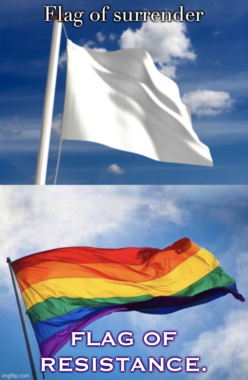 thinking about flags, so, apropos of nothing: | Flag of surrender; FLAG OF RESISTANCE. | image tagged in white flag,gay pride flag waving against sky,resistance,the resistance,gay pride,gay pride flag | made w/ Imgflip meme maker