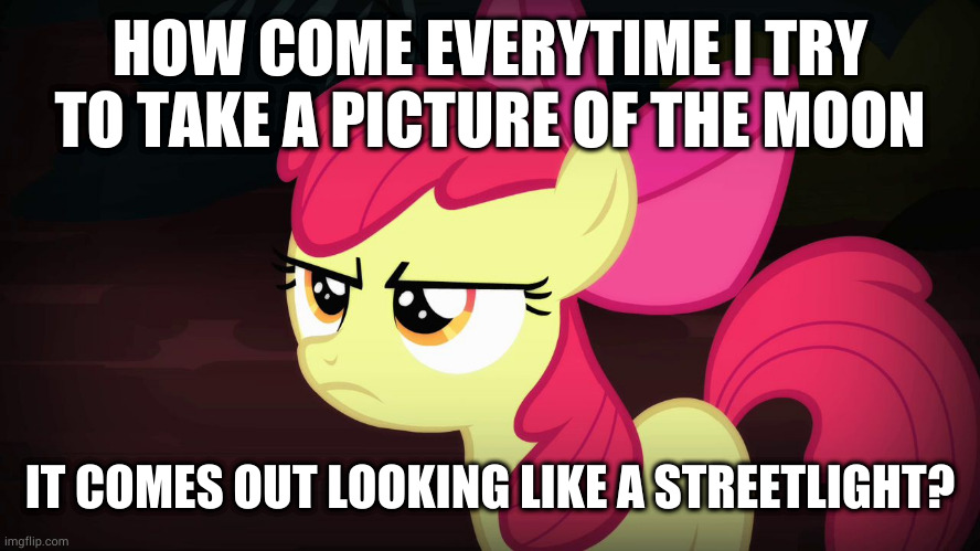 Angry Applebloom | HOW COME EVERYTIME I TRY TO TAKE A PICTURE OF THE MOON IT COMES OUT LOOKING LIKE A STREETLIGHT? | image tagged in angry applebloom | made w/ Imgflip meme maker