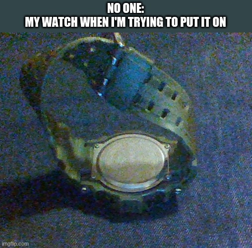 This is kind of a runner-up to the blanket meme. Sorry for low quality | NO ONE:
MY WATCH WHEN I'M TRYING TO PUT IT ON | image tagged in watch,funny,memes | made w/ Imgflip meme maker