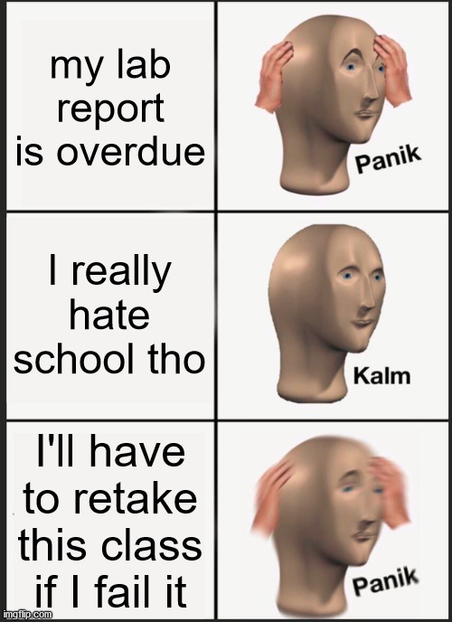 school is hard | my lab report is overdue; I really hate school tho; I'll have to retake this class if I fail it | image tagged in memes,panik kalm panik | made w/ Imgflip meme maker