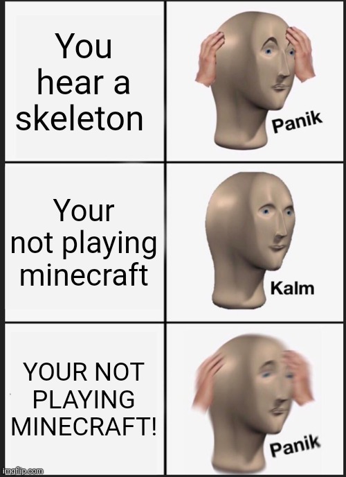 Panik Kalm Panik Meme | You hear a skeleton; Your not playing minecraft; YOUR NOT PLAYING MINECRAFT! | image tagged in memes,panik kalm panik | made w/ Imgflip meme maker